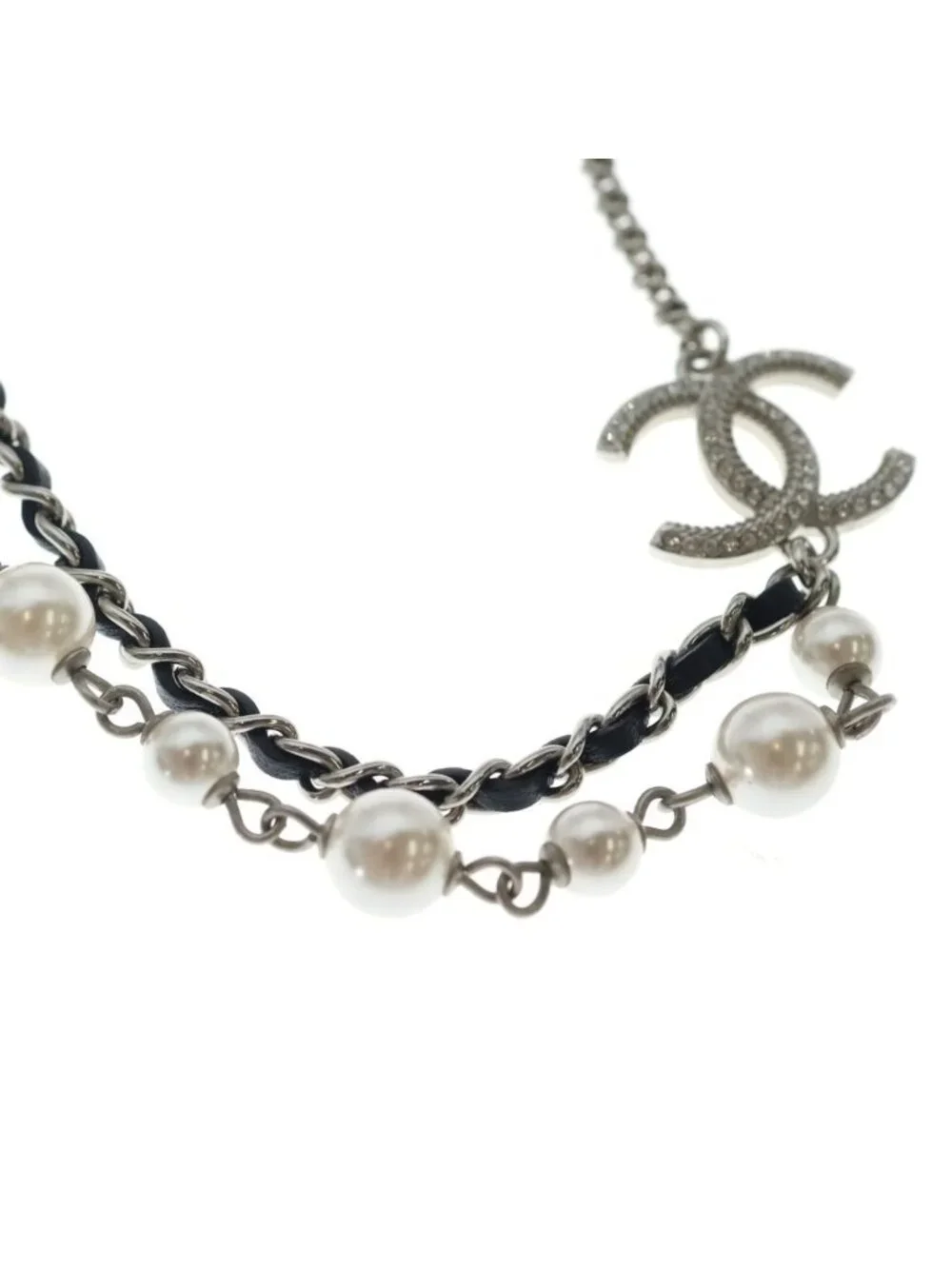 Chanel CC Logo Faux Pearl Rhinestone Leather Chain Necklace Choker Silver